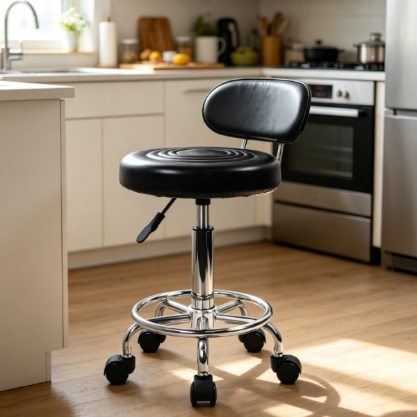 PU Leather Rolling Bar Stool with Low Back, Height Adjustable, Swivel, Footrest - Black