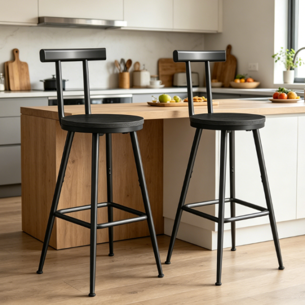 Set of 2 Bar Stools with Backrest, Metal Frame, Multidirectional Adjustable Feet, Black - for Kitchen, Living Room, Bar, Cafe